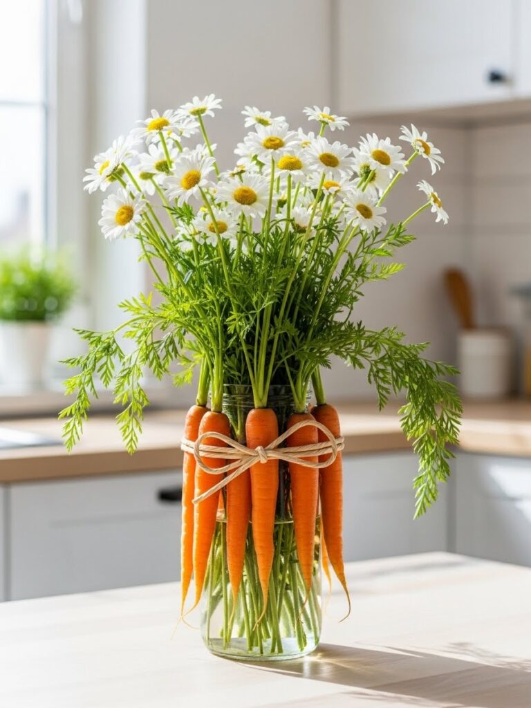 Carrot bouquet vase filled with daisies creating playful and colorful spring kitchen decor indoors