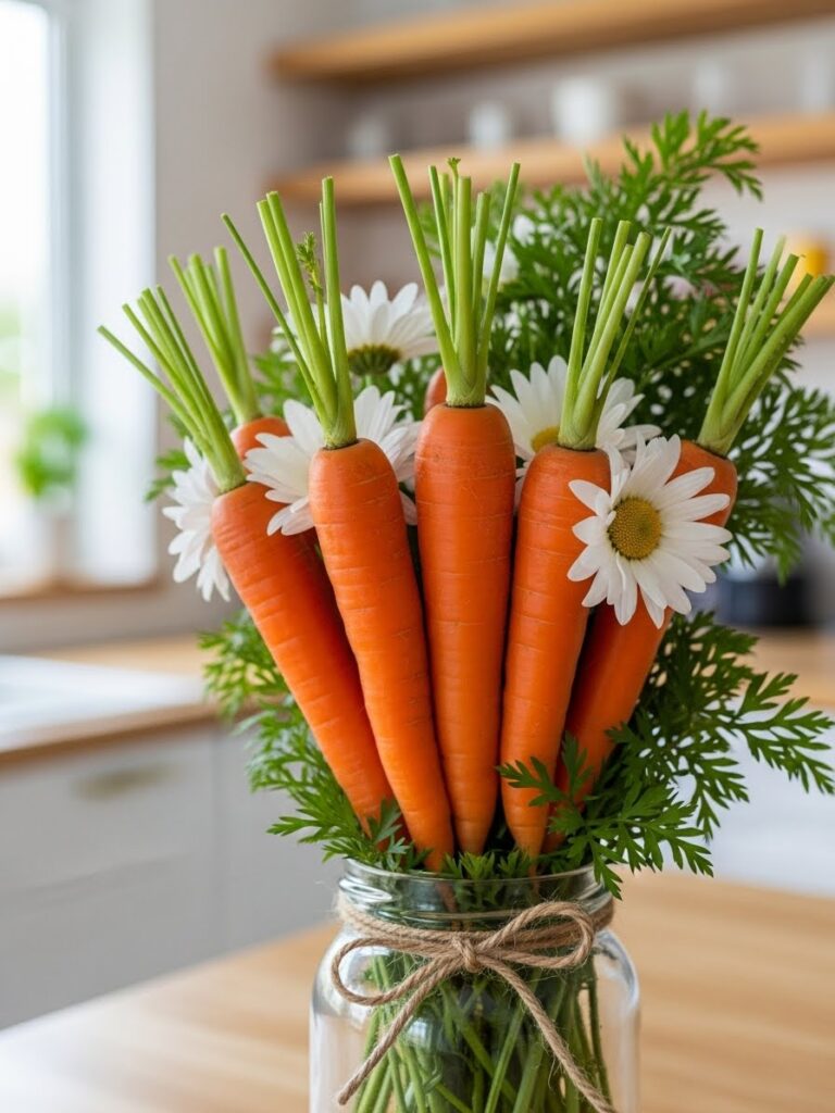 Close-up of carrot bouquet vase with daisies as a fun spring decor idea for kitchens