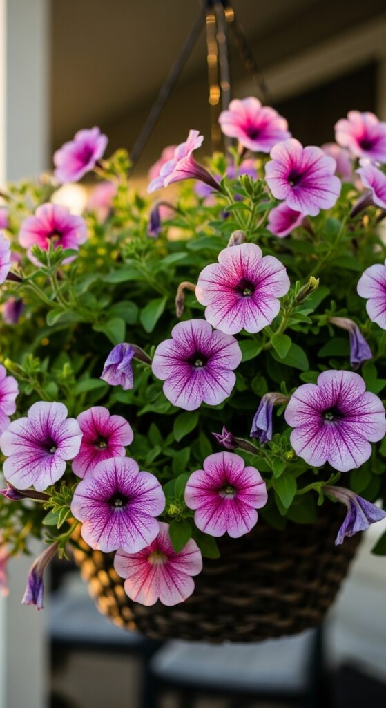 Colorful petunias in purple, pink, and white cascading from hanging basket on porch