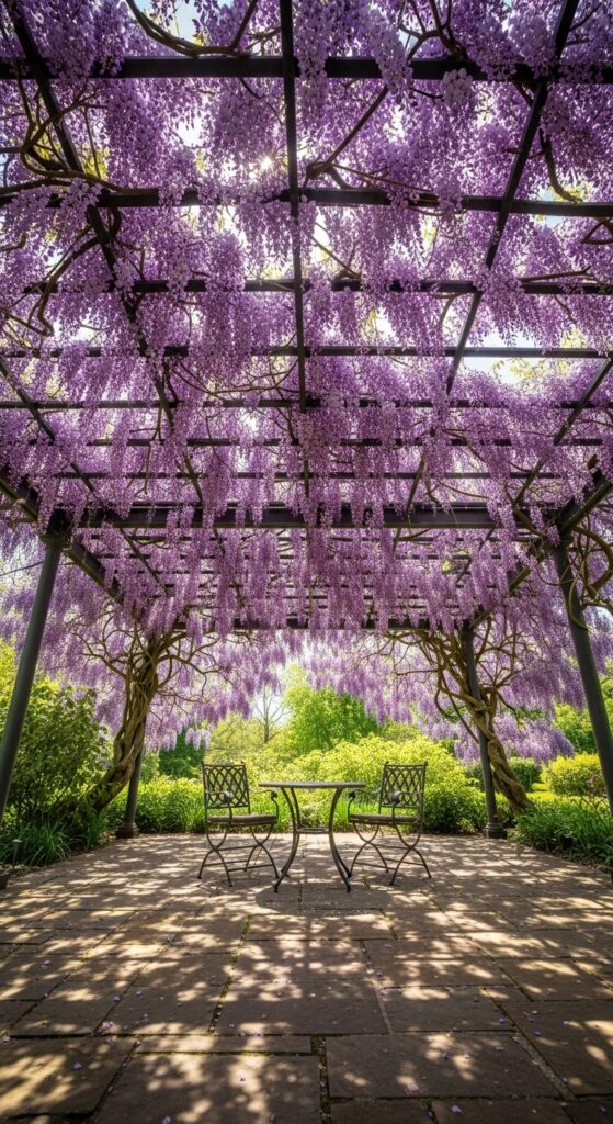Purple wisteria blooms cascading from pergola with long flower clusters creating overhead feature