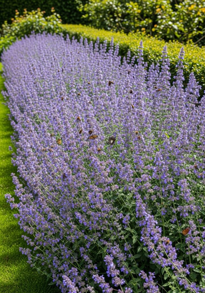 Catmint creating purple flowering aromatic living border for cottage garden