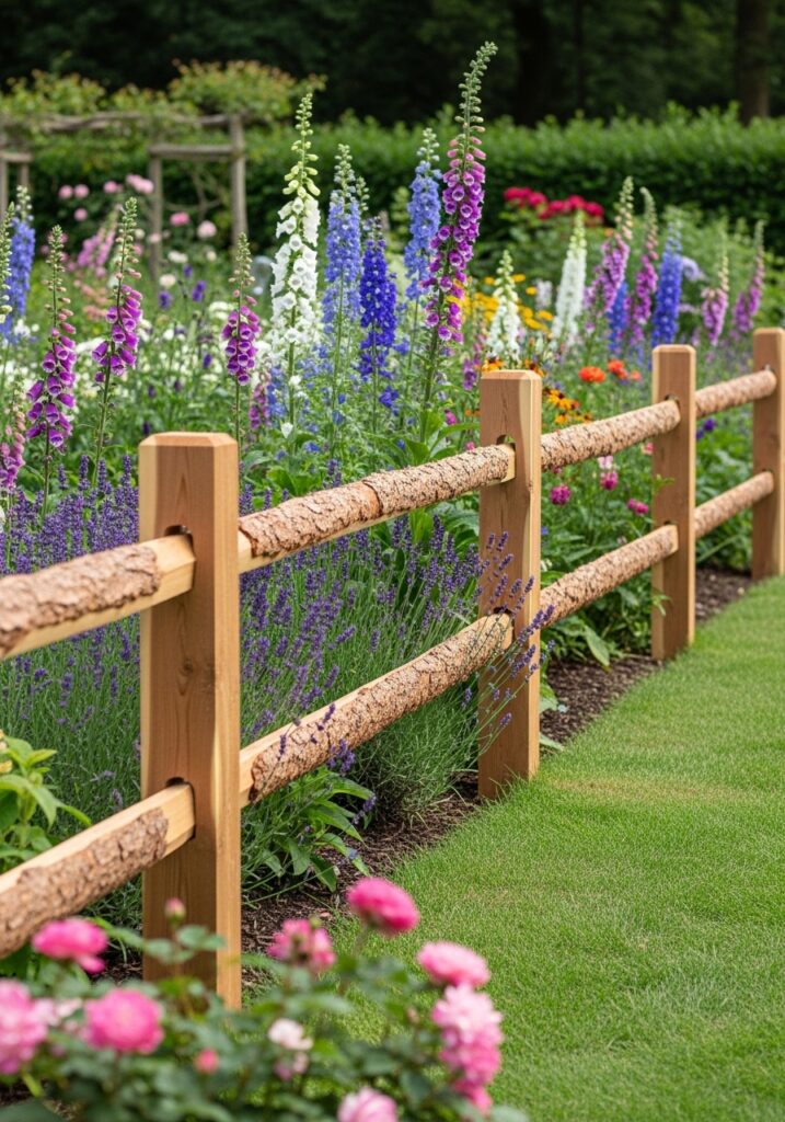Cedar split rail fence creating rustic country garden border