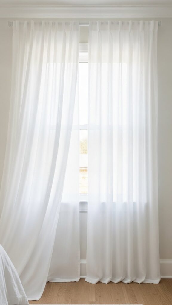 White sheer curtains mounted at ceiling height extending to floor creating vertical lines and height illusion in small bedroom