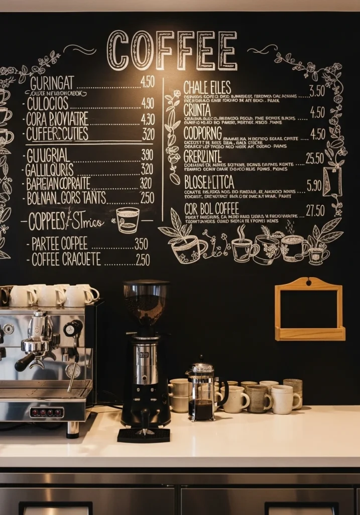 Coffee bar with chalkboard backsplash featuring handwritten menu and white counter