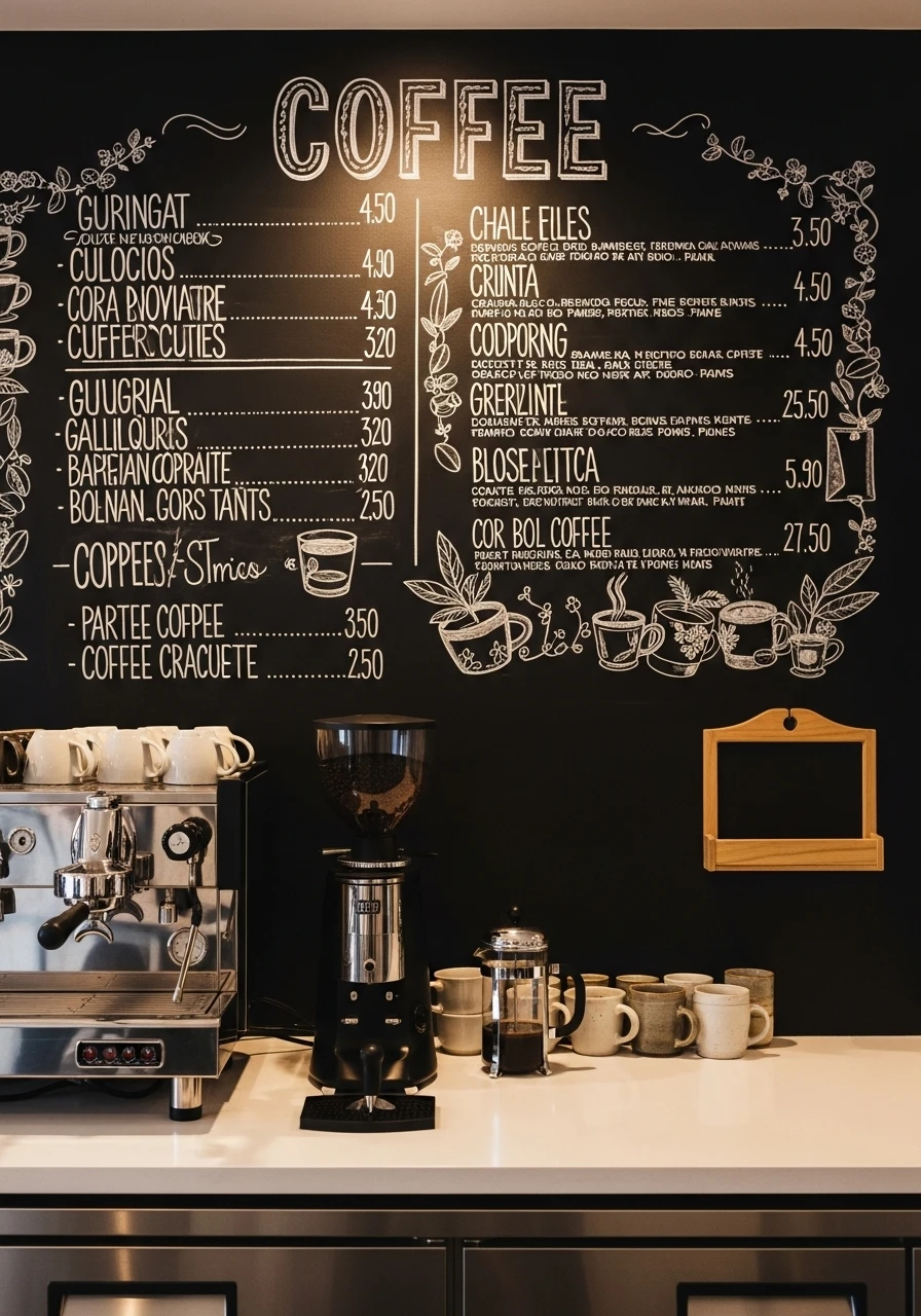 Coffee bar with chalkboard backsplash featuring handwritten menu and white counter