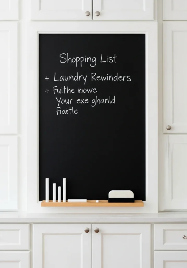 Chalkboard painted wall with shopping list in laundry room