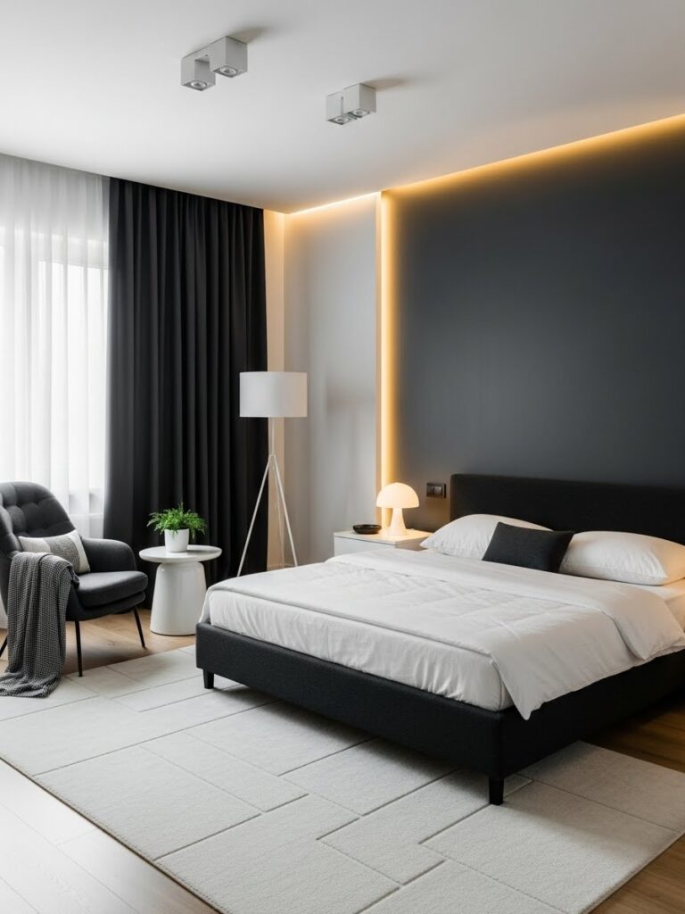 Elegant modern bedroom with charcoal and warm white color palette