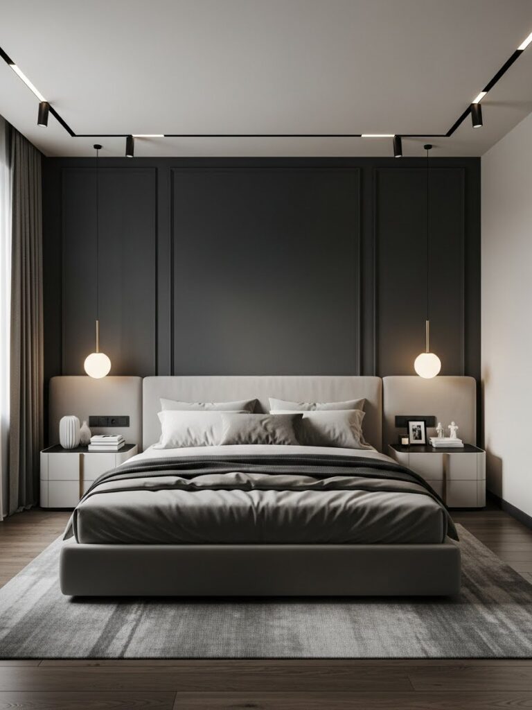 Charcoal and warm white modern bedroom color palette with strong contrast and full room view