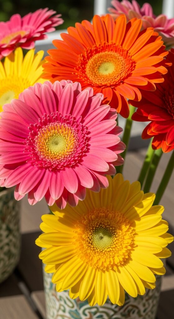 Large gerbera daisy blooms in pink, orange, and yellow in decorative containers on patio