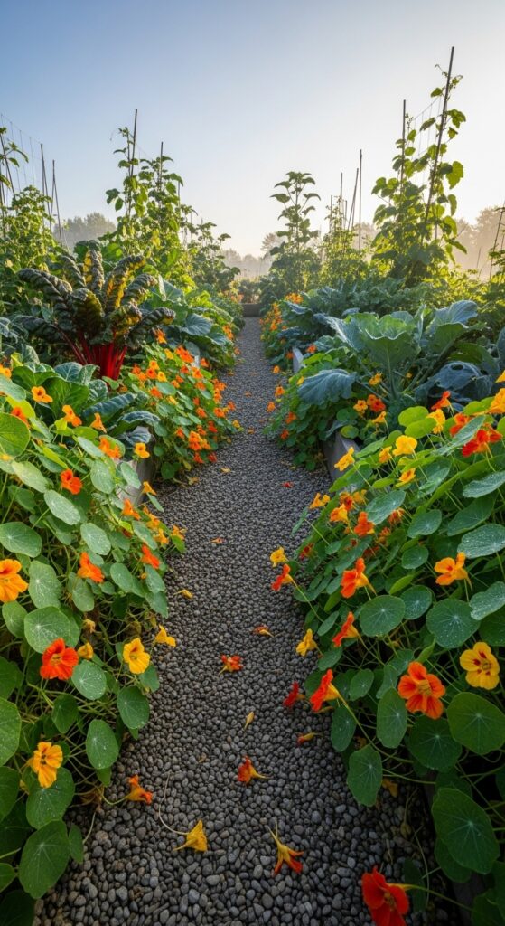Orange and yellow nasturtiums blooming among vegetables as edible flowers in garden
