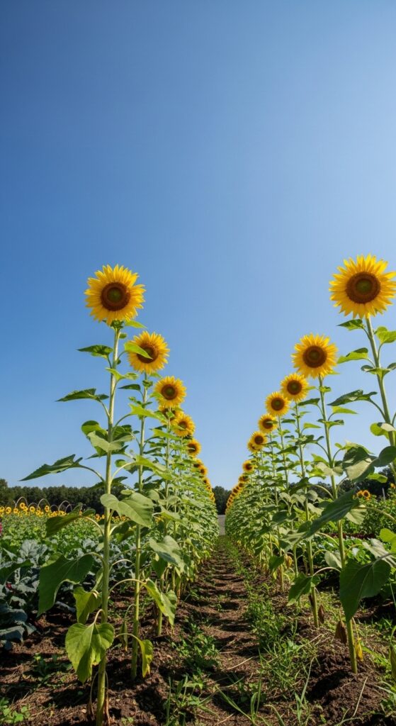 Tall sunflowers standing in neat row creating cheerful garden border against blue sky
