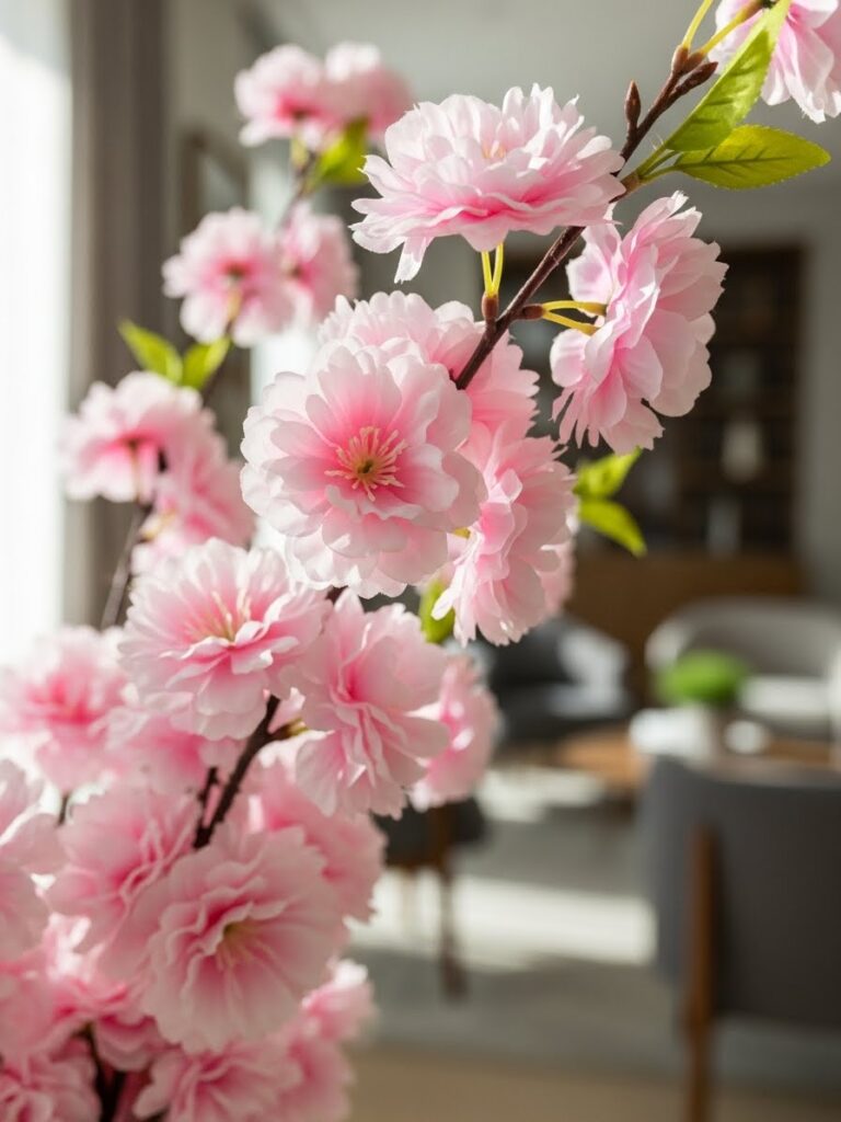 Close-up of pink cherry blossom blooms used as spring home decor