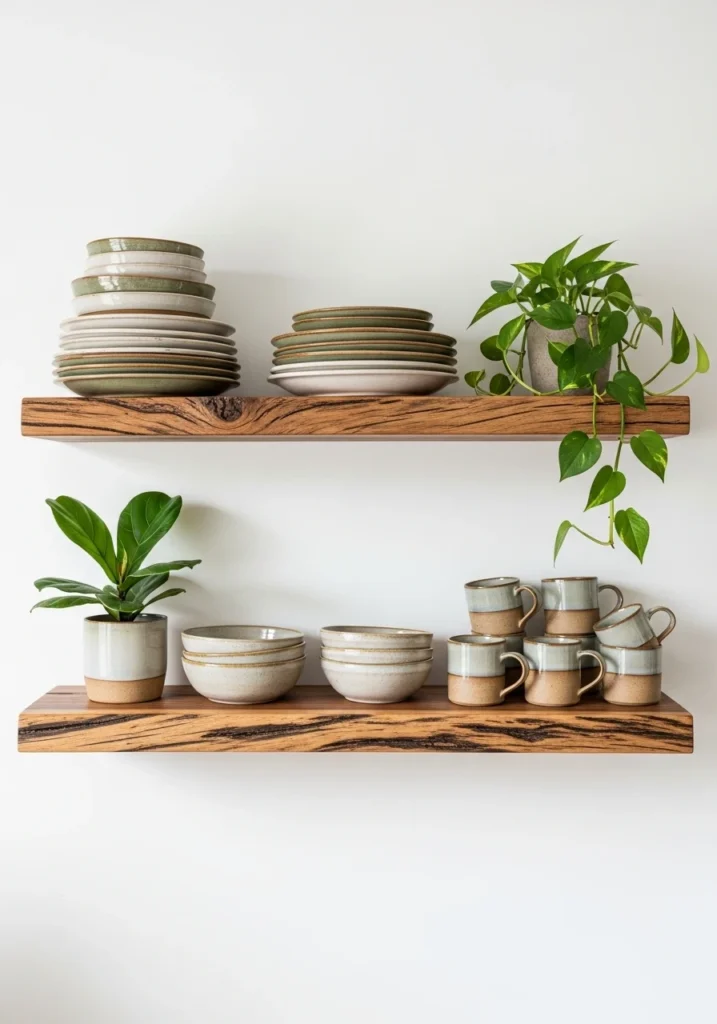 Thick reclaimed wood floating shelves with natural edge in kitchen