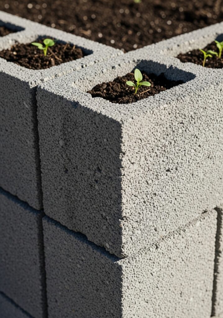 Close-up of cinder block raised bed corner showing interlocking construction