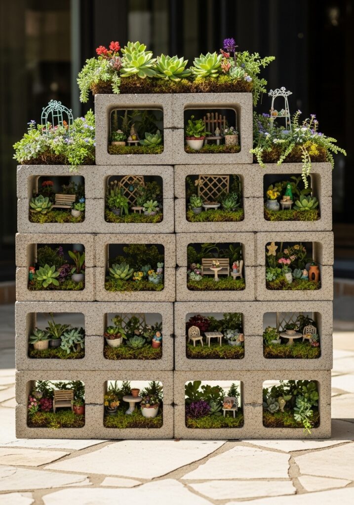 Stacked cinder blocks with individual fairy garden apartments