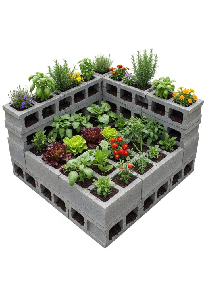 L-shaped raised garden bed built from gray concrete cinder blocks with planted cells