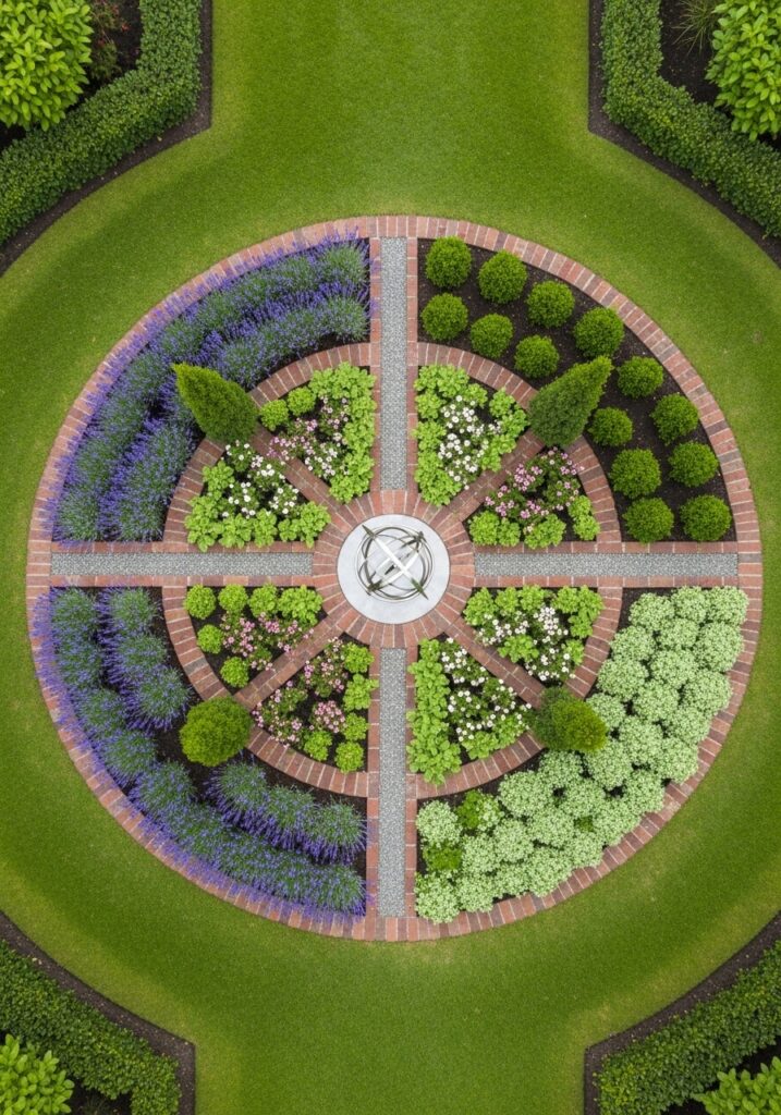 Circular garden design with concentric planting rings and brick edging viewed from above