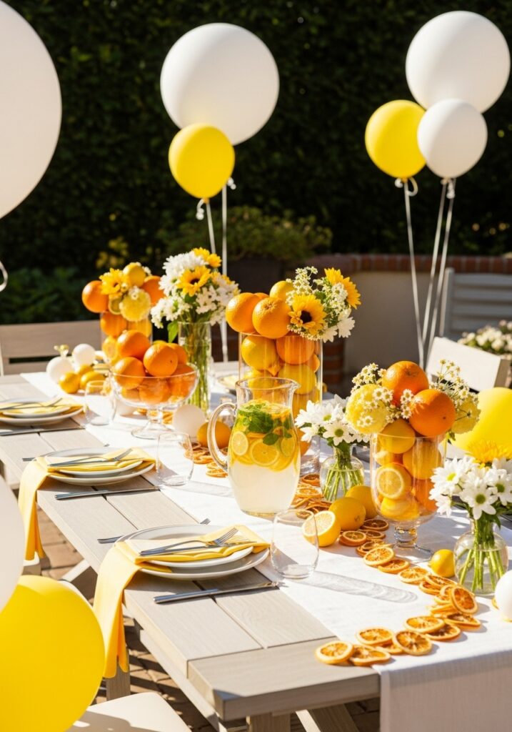 Citrus summer baby shower with fresh fruit centerpieces and bright decorations