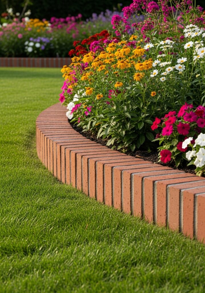  Red brick border edging defining curved flower bed with colorful perennials
