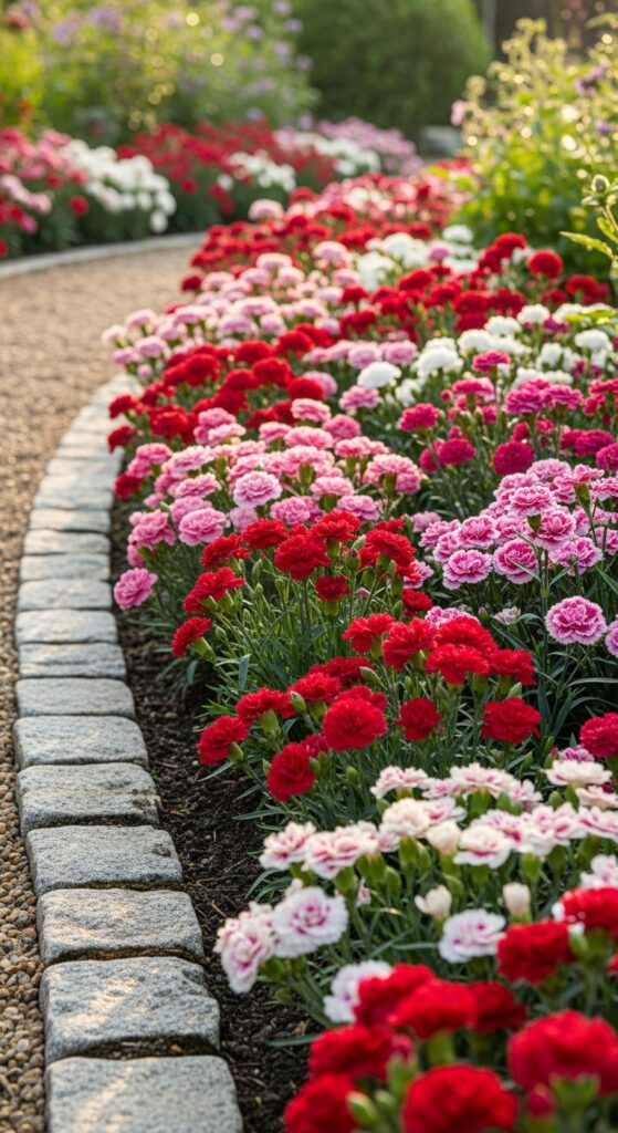 Ruffled carnation blooms in pink, red, and white along pathway creating classic border