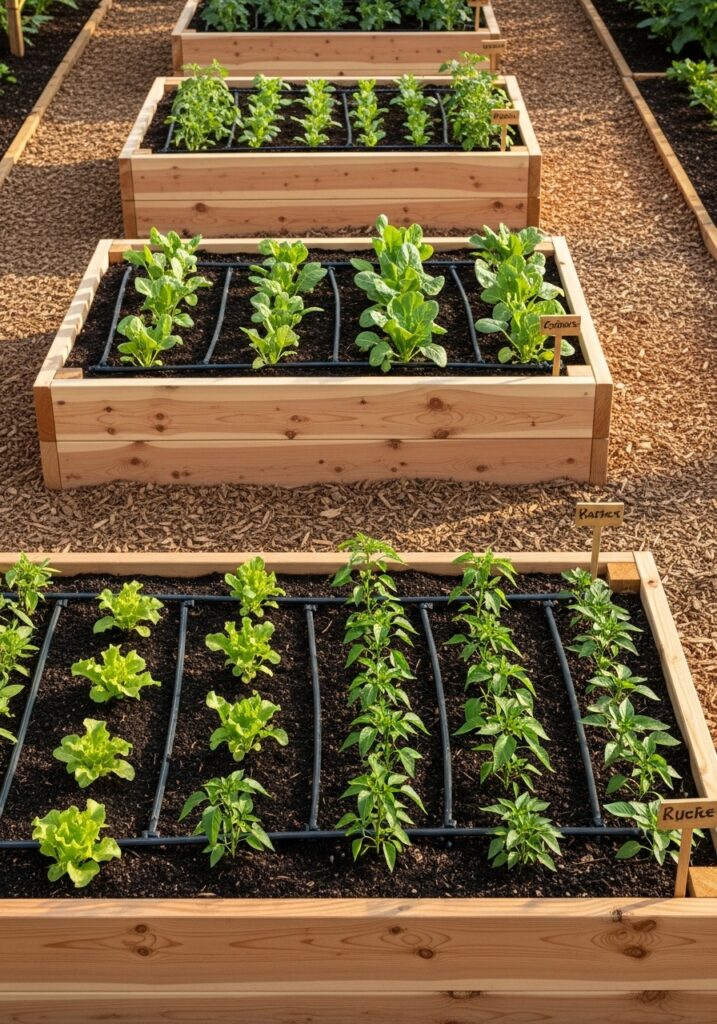 Three classic cedar raised garden beds filled with vegetables in organized rows
