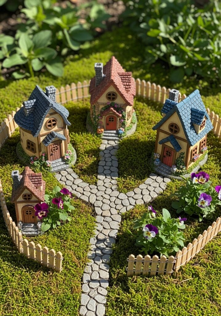 Miniature cottage village fairy garden with stone pathways and moss ground