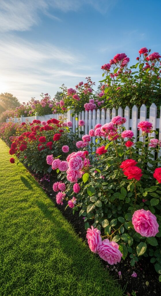 Pink and red roses blooming along white picket fence creating classic garden border