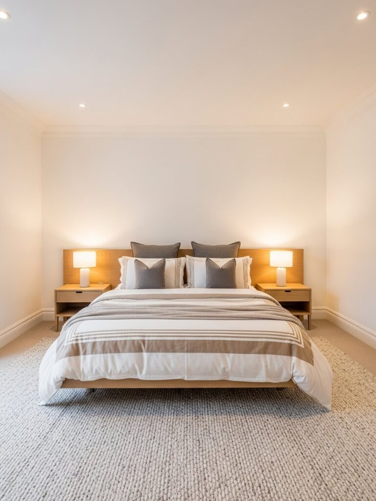 Classic white neutral bedroom palette with modern full room interior styling