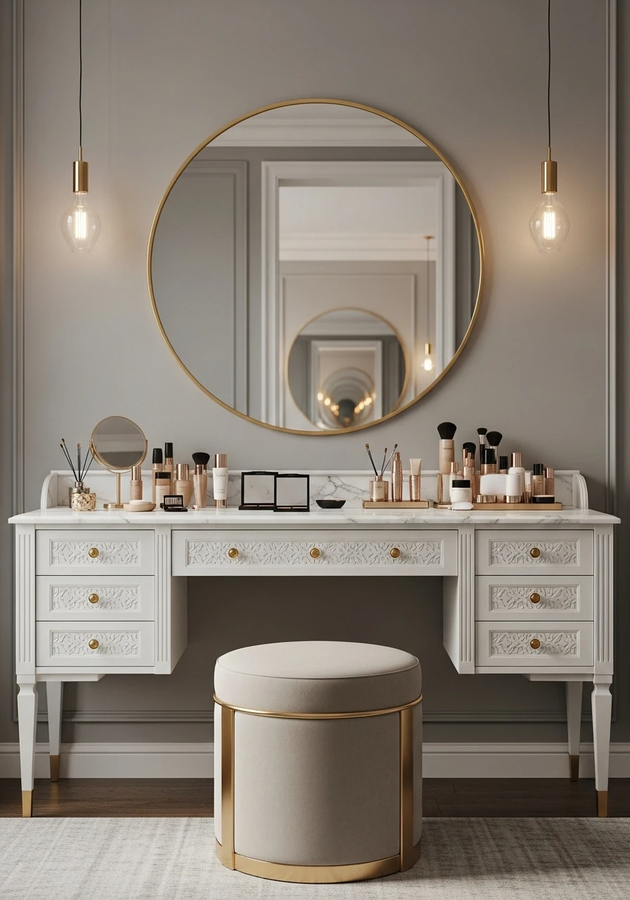 White bedroom vanity with gold hardware and round mirror against gray wall