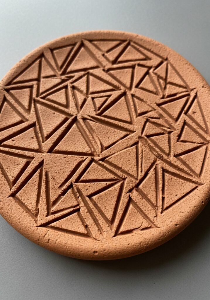 Close-up of terracotta air dry clay coaster showing detailed geometric stamped pattern