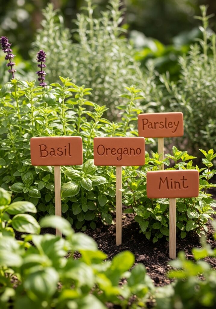  Handmade terracotta air dry clay herb markers with hand lettered names in outdoor garden