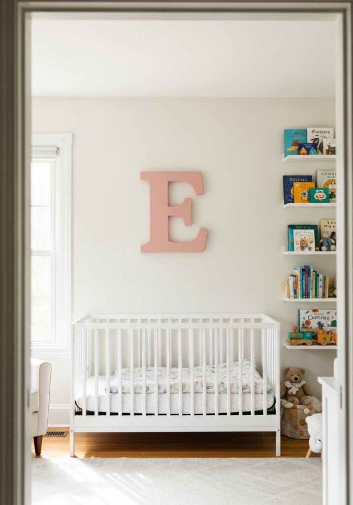 Large handmade air dry clay letter E in blush pink mounted on nursery wall above crib
