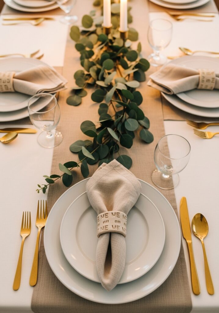 Handmade air dry clay napkin ring with stamped pattern on elegant table setting