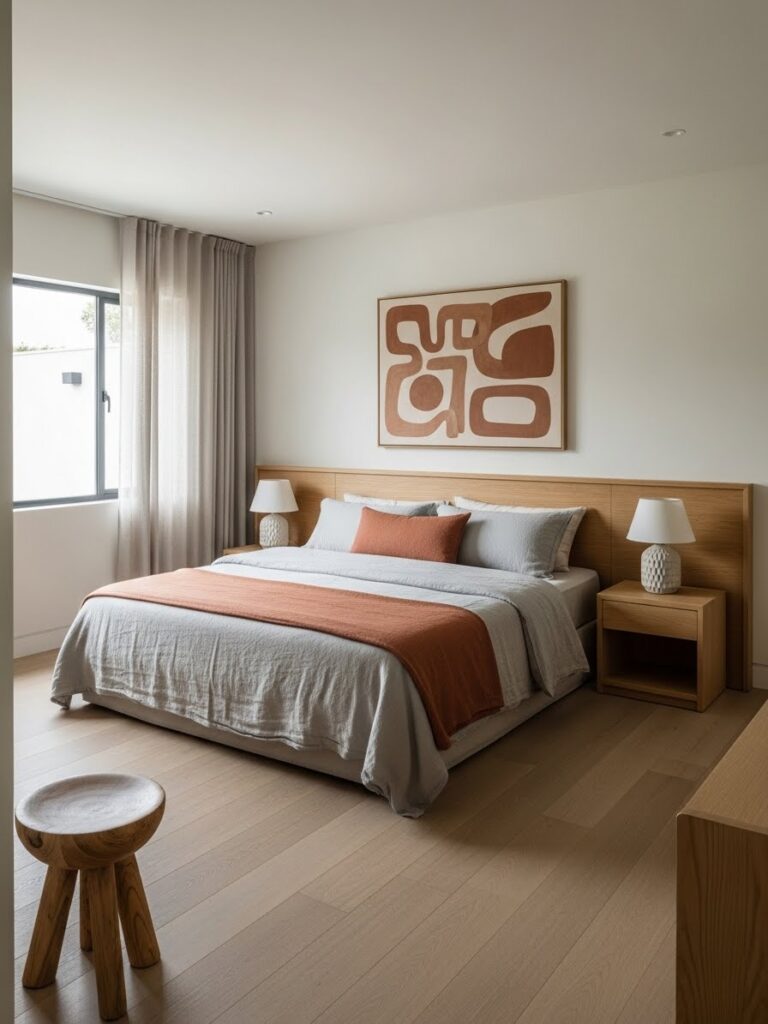 Modern bedroom with earthy clay tones and neutral color palette