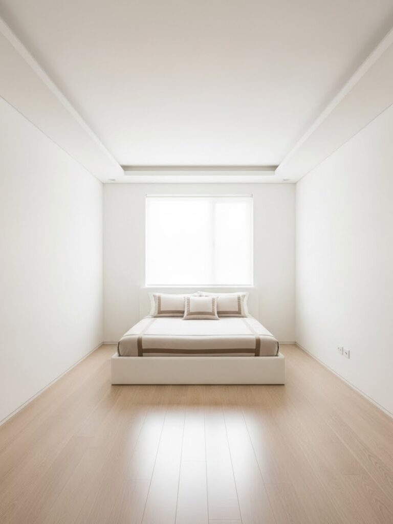 Minimalist white bedroom with clean white walls and a calm, uncluttered look