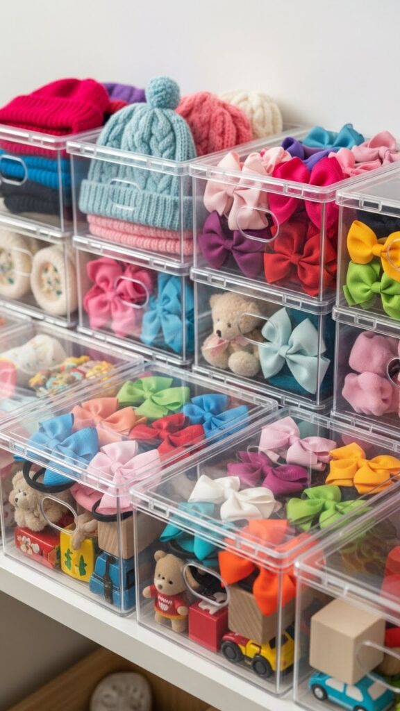 Clear shoe boxes organizing toddler accessories with contents visible for easy selection