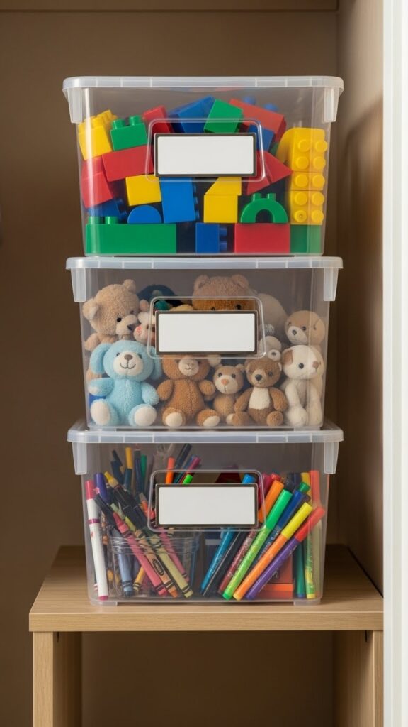 Clear storage bins stacked in small kids closet showing contents through transparent sides for easy identification