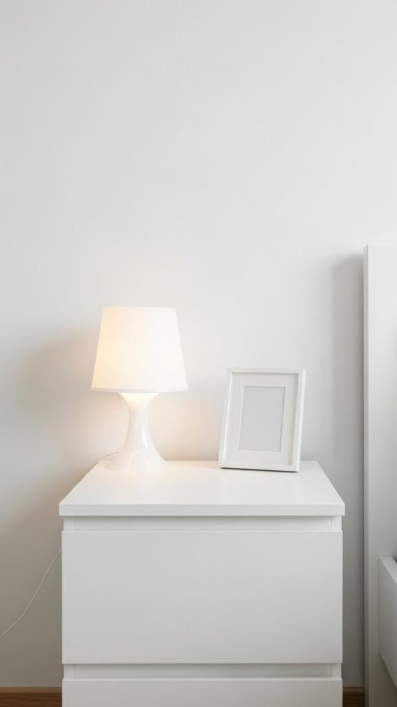 White nightstand with only lamp and photo showing ruthless editing creating calm uncluttered bedside