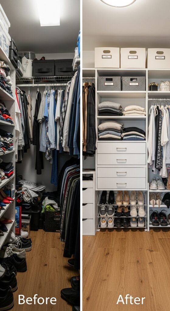 Closet transformation from cluttered to organized after thorough cleanout

