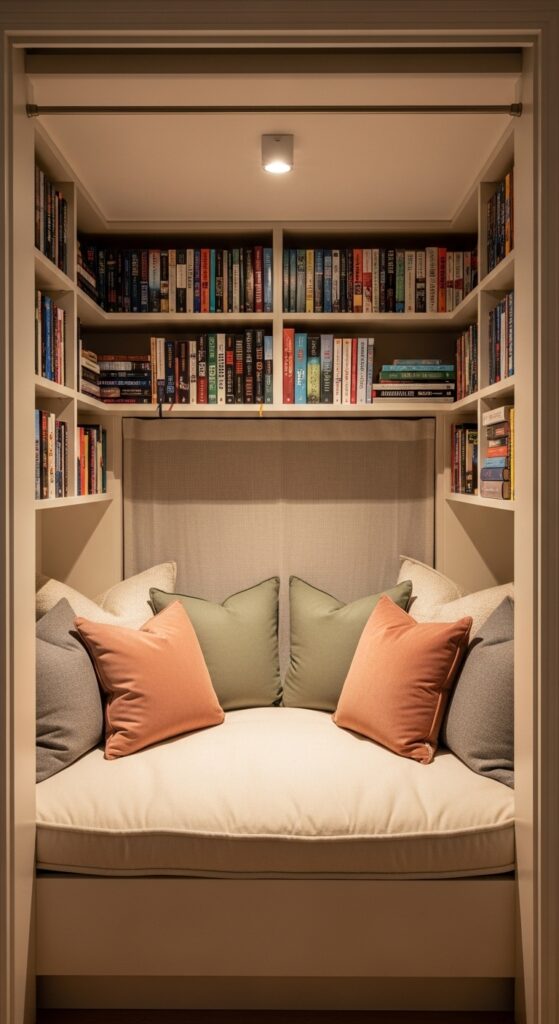 Converted closet reading nook with built-in bench seating and bookshelves in former closet space