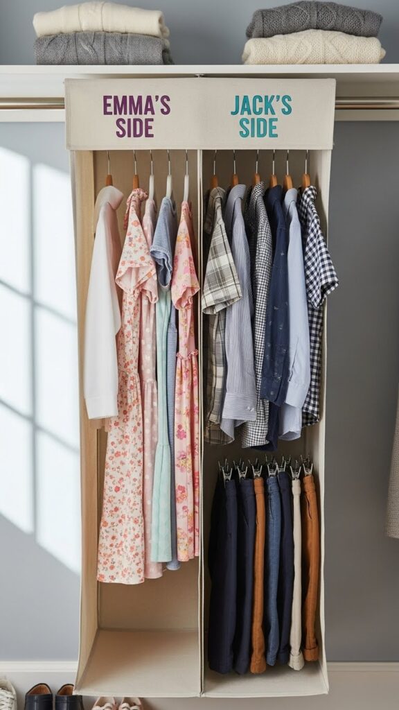 Hanging closet dividers on rod marking separate sections for each child in shared bedroom closet