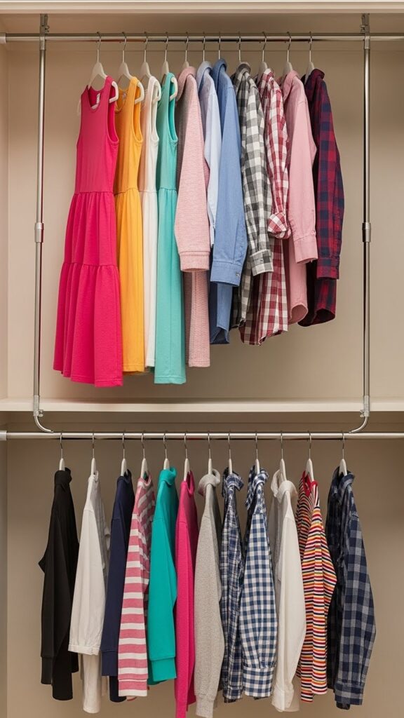 Closet rod doubler in apartment kids closet creating additional hanging space without drilling or permanent changes