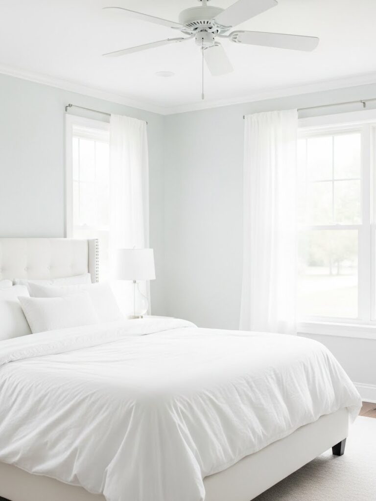 Bright bedroom with Cloud White paint showing subtle cool undertones creating airy fresh atmosphere