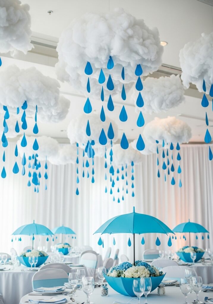 Clouds and raindrops baby shower with hanging cloud decorations and blue theme