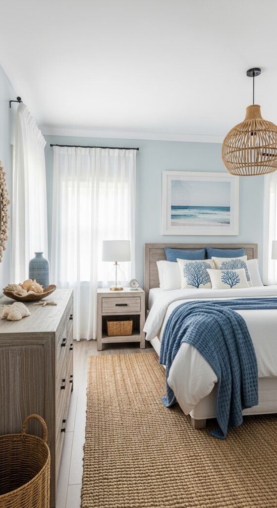 Coastal beach bedroom with soft blues, whites, and natural textures creating airy feel