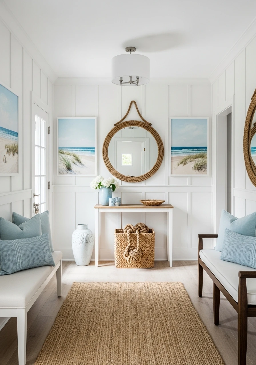 Coastal style entryway with white beadboard and blue accents