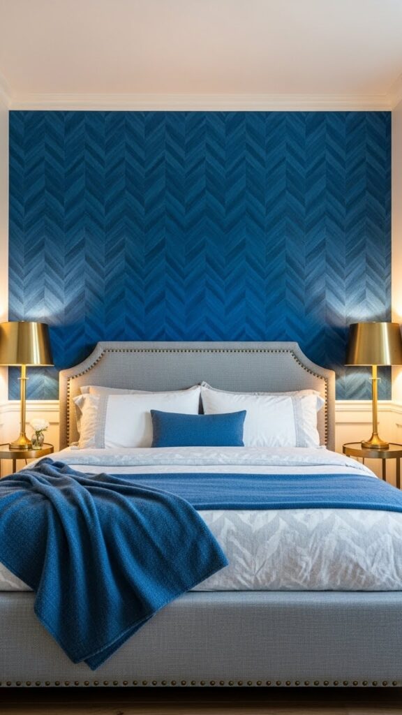 Cobalt blue herringbone pattern accent wall in transitional bedroom