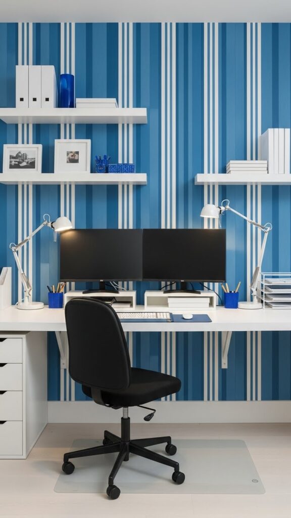 Cobalt blue vertical striped wallpaper in modern home office workspace
