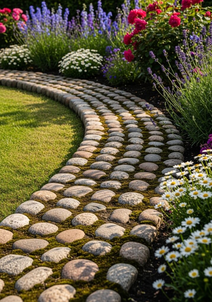 Antique cobblestone border creating traditional European-style garden edge