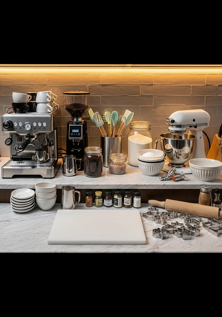  Combined coffee and baking station with shared marble counter and organized supplies